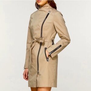 Mackage Tan Trench Coat with Belt and Zipper Accents
